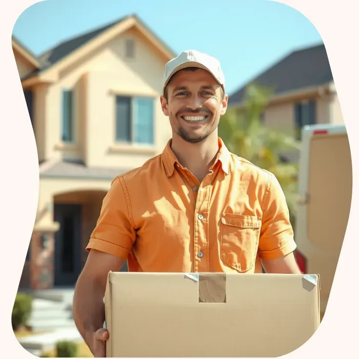 Two removalists moving boxes up stairs