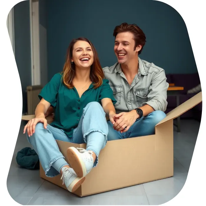 Two guys sitting on the floor of their apartment with Muval moving boxes